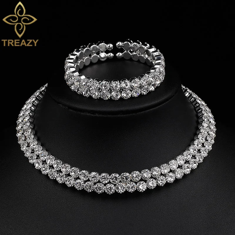 TREAZY Luxury Crystal Bridal Jewelry Sets African Rhinestone Choker Necklace Earrings Bracelet Set for Women Wedding Accessories