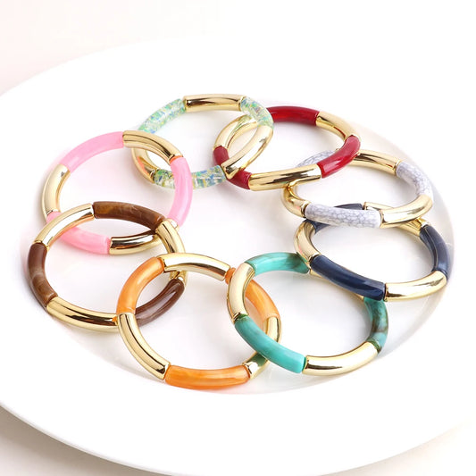 FishSheep Bohemian Colorful Resin Bamboo Stackable Bracelet for Women Trendy Elastic Link Chain Bracelets Bangles Jewelry Gifts