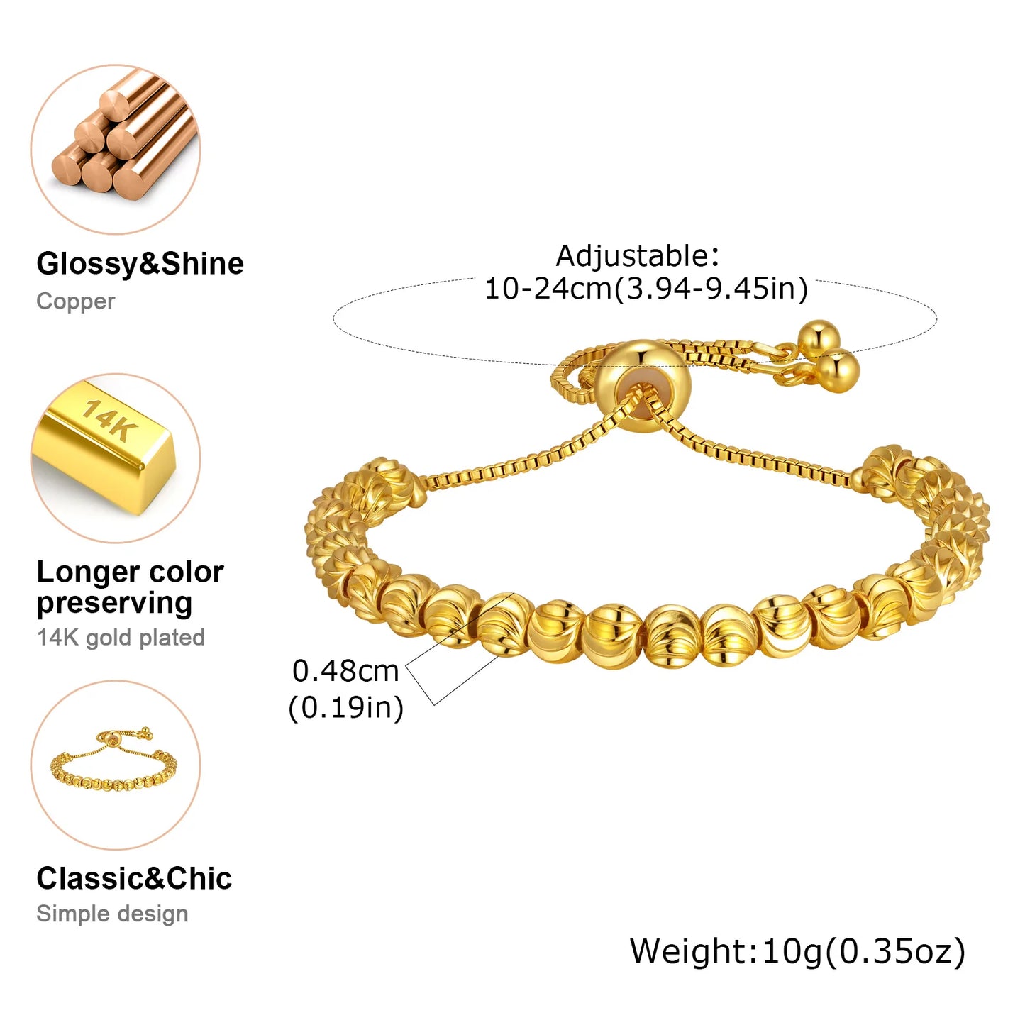 Luxury Tri Color Beaded Bracelet for Women, Gold Plated Adjustable Chain Bracelet, Unique Design Fashion Jewelry