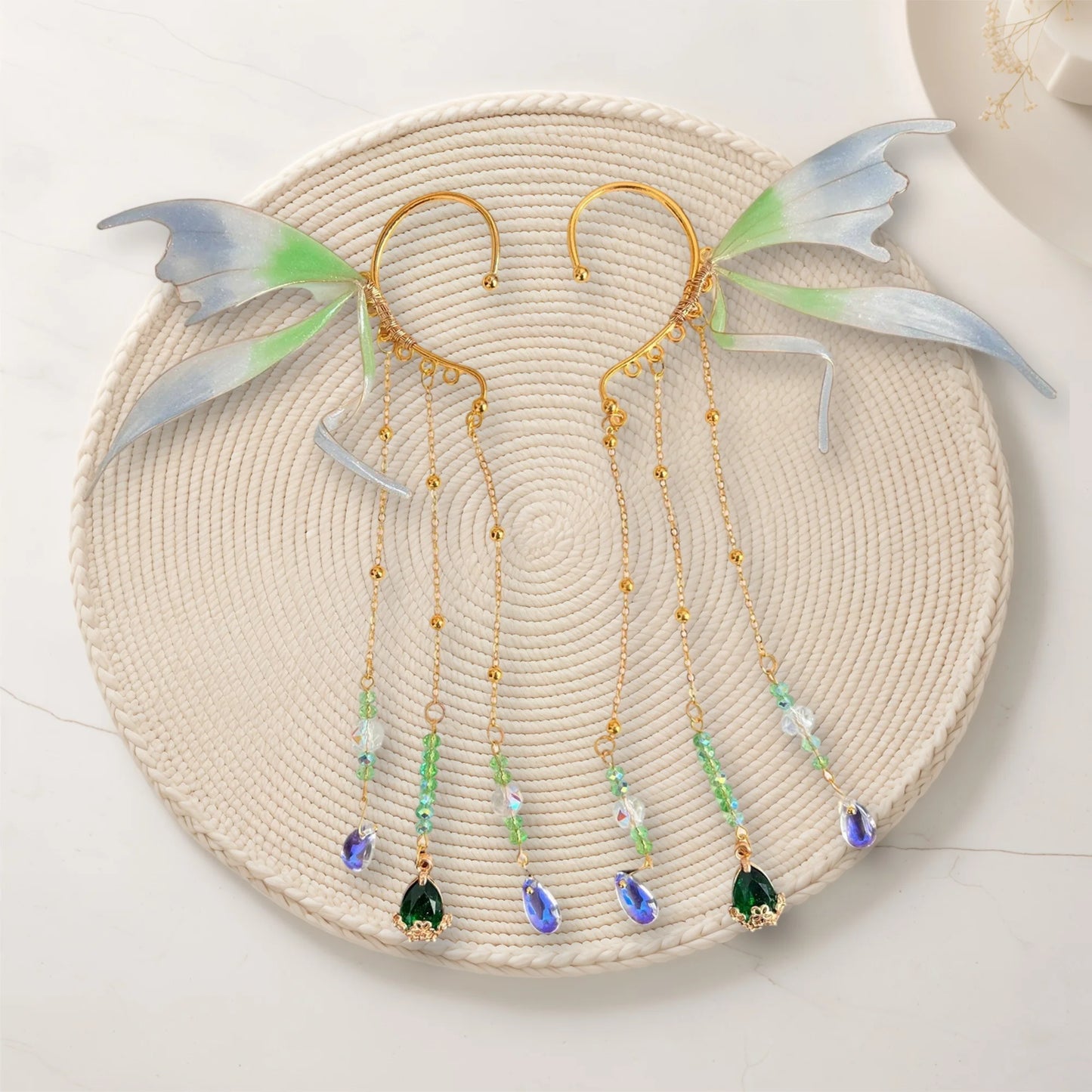 Fairy Wing Ear Cuffs with Crystal Accents and Chain Tassels for Women and Girls - No Piercing Cosplay Earrings and Accessories
