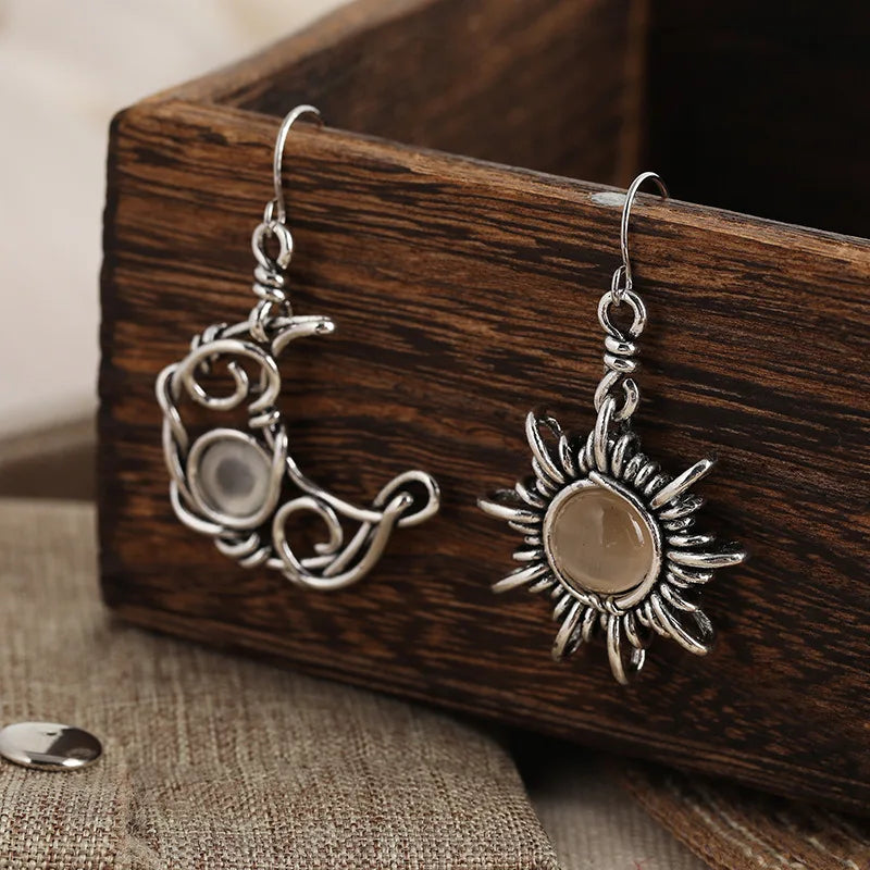 1 Bohemian style retro sun and moon earring, moonstone asymmetrical sun and moon earring