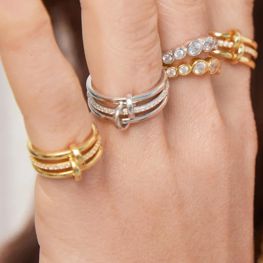 Stainless steel Stackable Rings for Women Non Tarnish Cubic Zirconia Rings Gold Color Multi Ring Mixed Metals Stack Rings Set