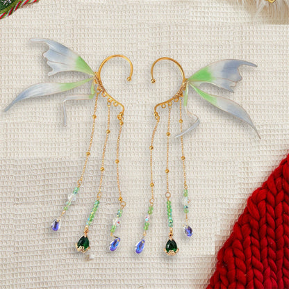 Fairy Wing Ear Cuffs with Crystal Accents and Chain Tassels for Women and Girls - No Piercing Cosplay Earrings and Accessories