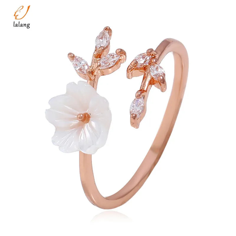 Delicate Zircon Leaf Shell Flower Adjustable Ring For Women Ladies Girls Rose Gold Color Finger Bague Jewellry Gift