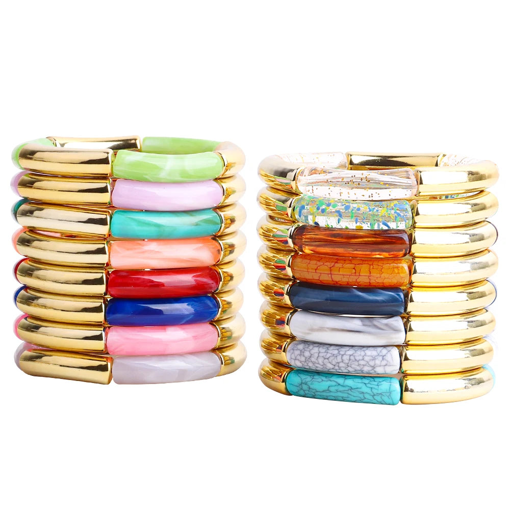 FishSheep Bohemian Colorful Resin Bamboo Stackable Bracelet for Women Trendy Elastic Link Chain Bracelets Bangles Jewelry Gifts
