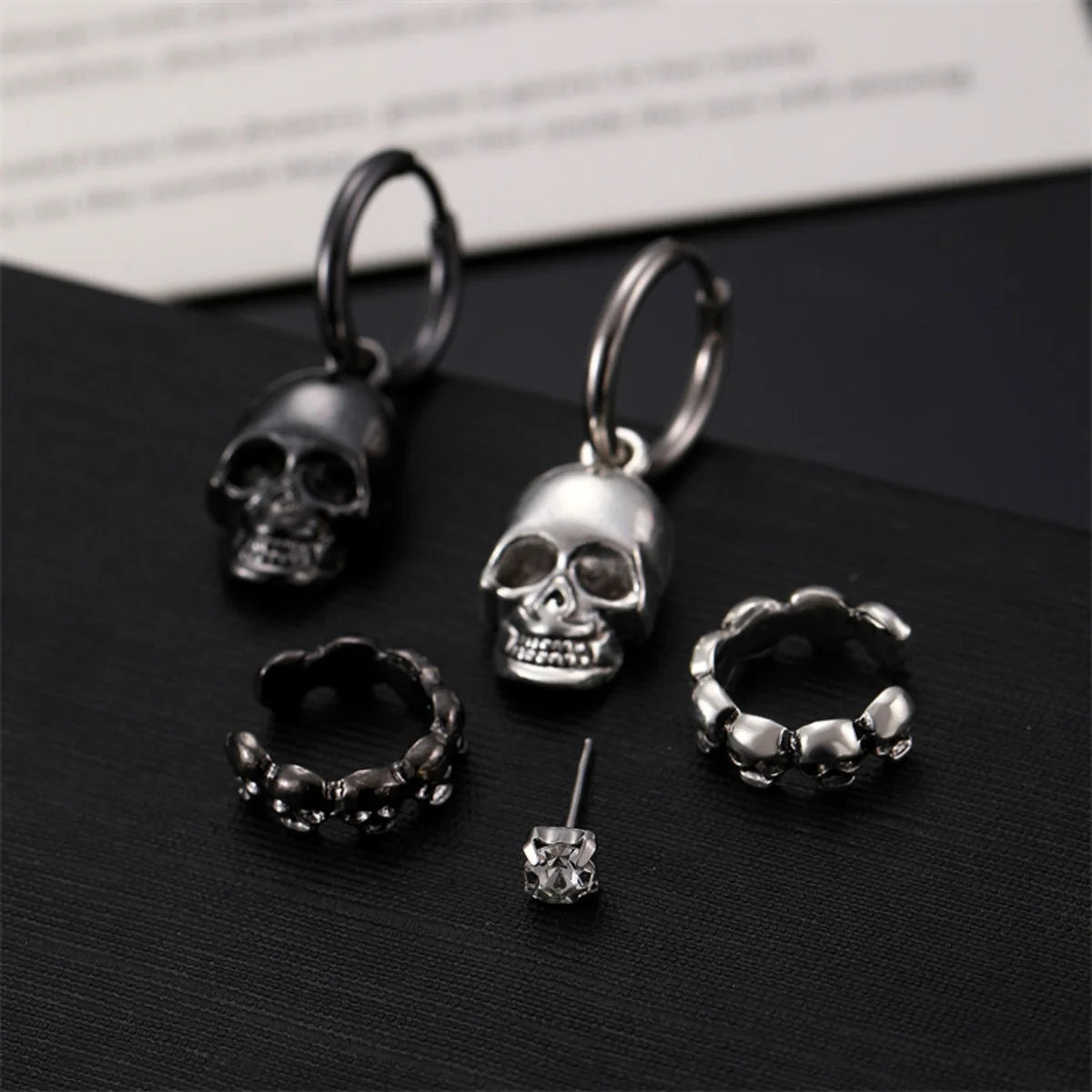 5Pcs/Set Simple Halloween Black Silver Color Skull Drop Earrings Punk Skeleton No Piercing Ear Clip For Women Men Gothic Jewelry
