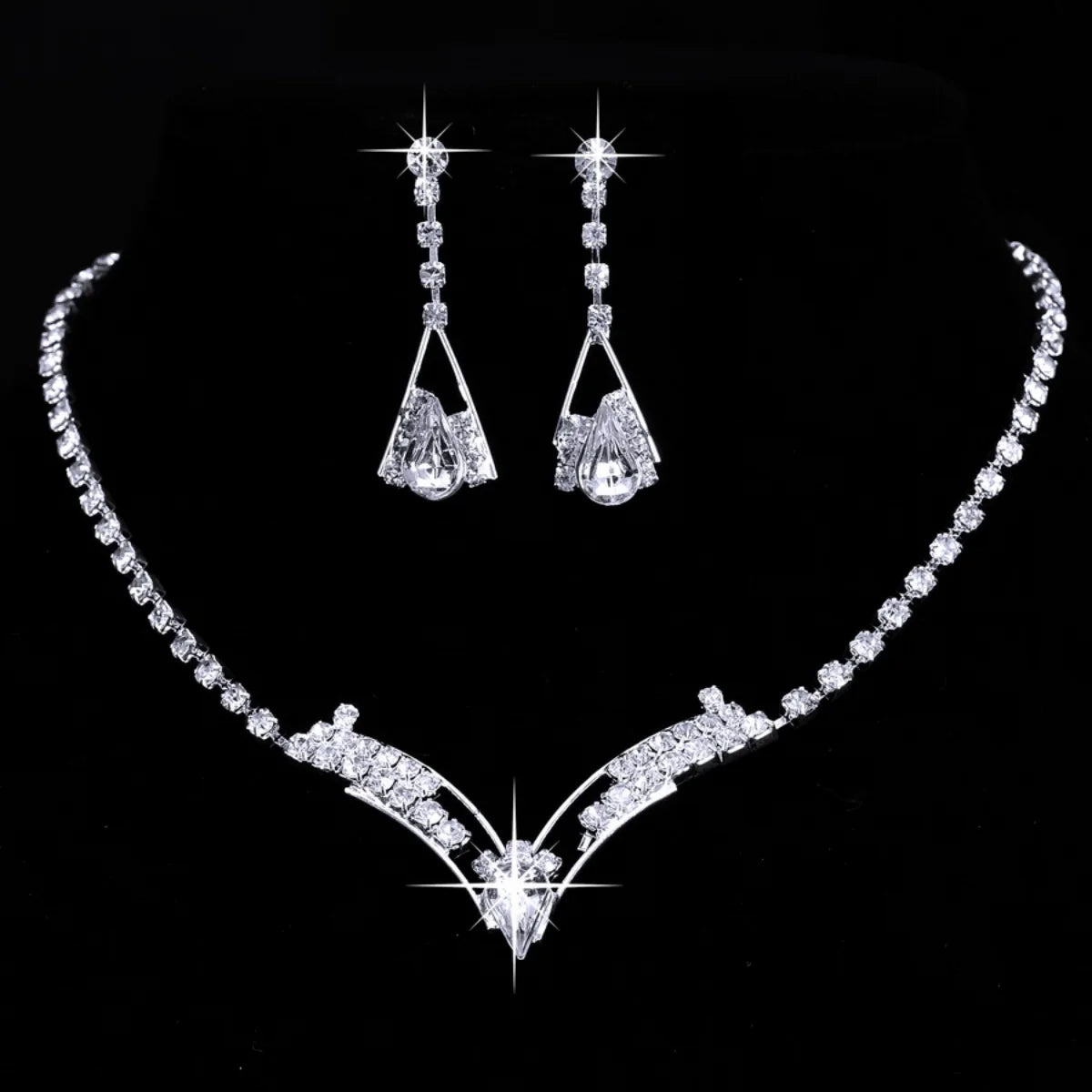 Luxury Rhinestone Geometric Bridal Necklace Earrings Set For Women Dainty Elegant Waterdrop Crystal Wedding Banquet Jewelry Set