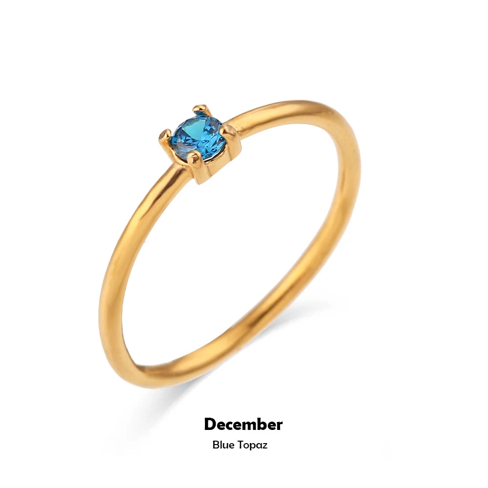 E.B.belle 12 Months Constellation CZ Birthstone Rings For Woman Gold Plated Stainless Steel Zodiac Birthday Gift Ring Jewelry