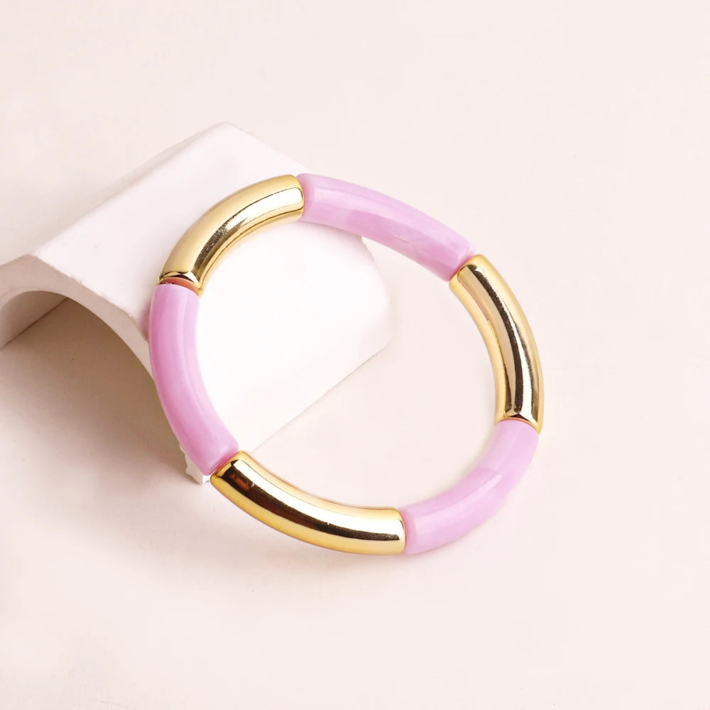 FishSheep Bohemian Colorful Resin Bamboo Stackable Bracelet for Women Trendy Elastic Link Chain Bracelets Bangles Jewelry Gifts