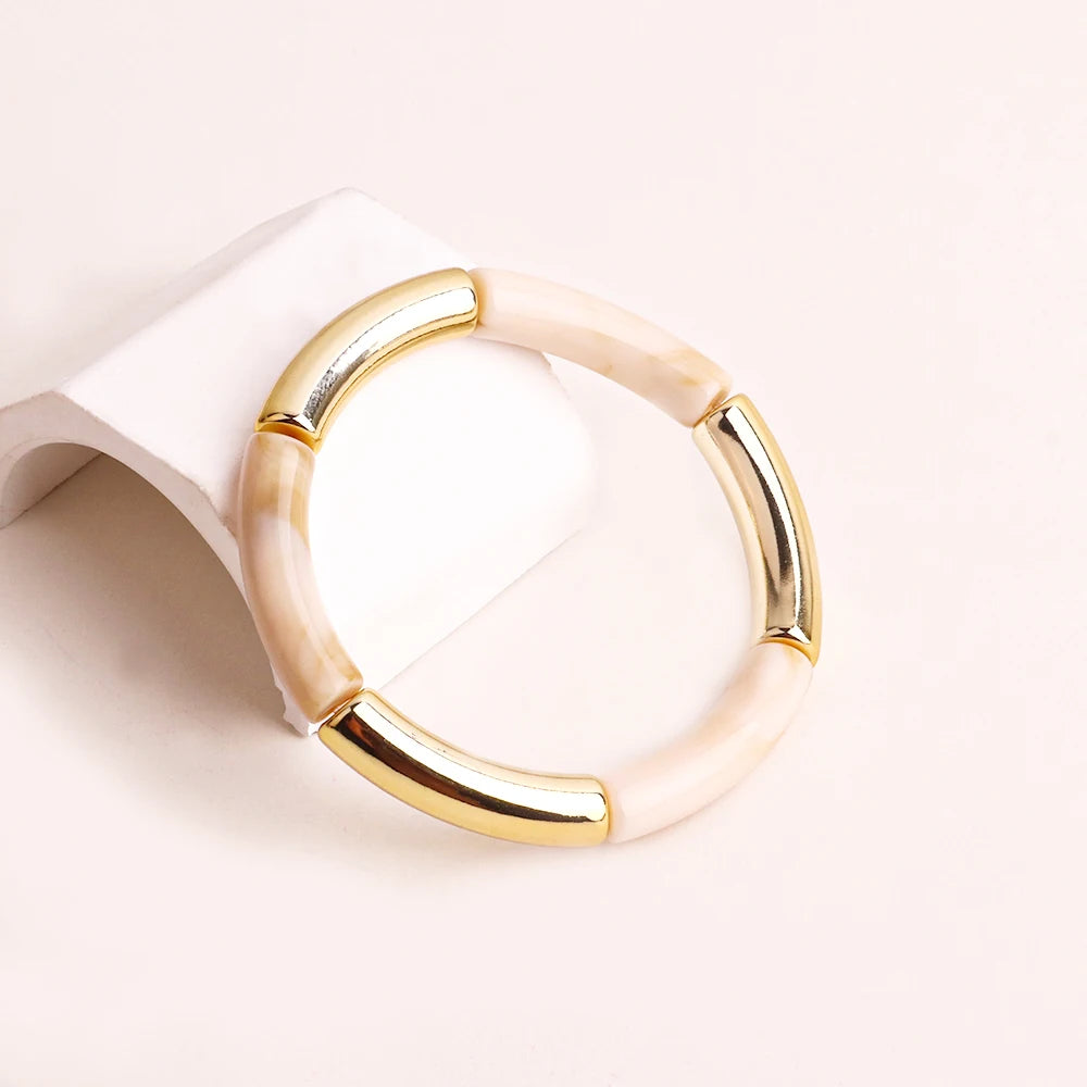 FishSheep Bohemian Colorful Resin Bamboo Stackable Bracelet for Women Trendy Elastic Link Chain Bracelets Bangles Jewelry Gifts