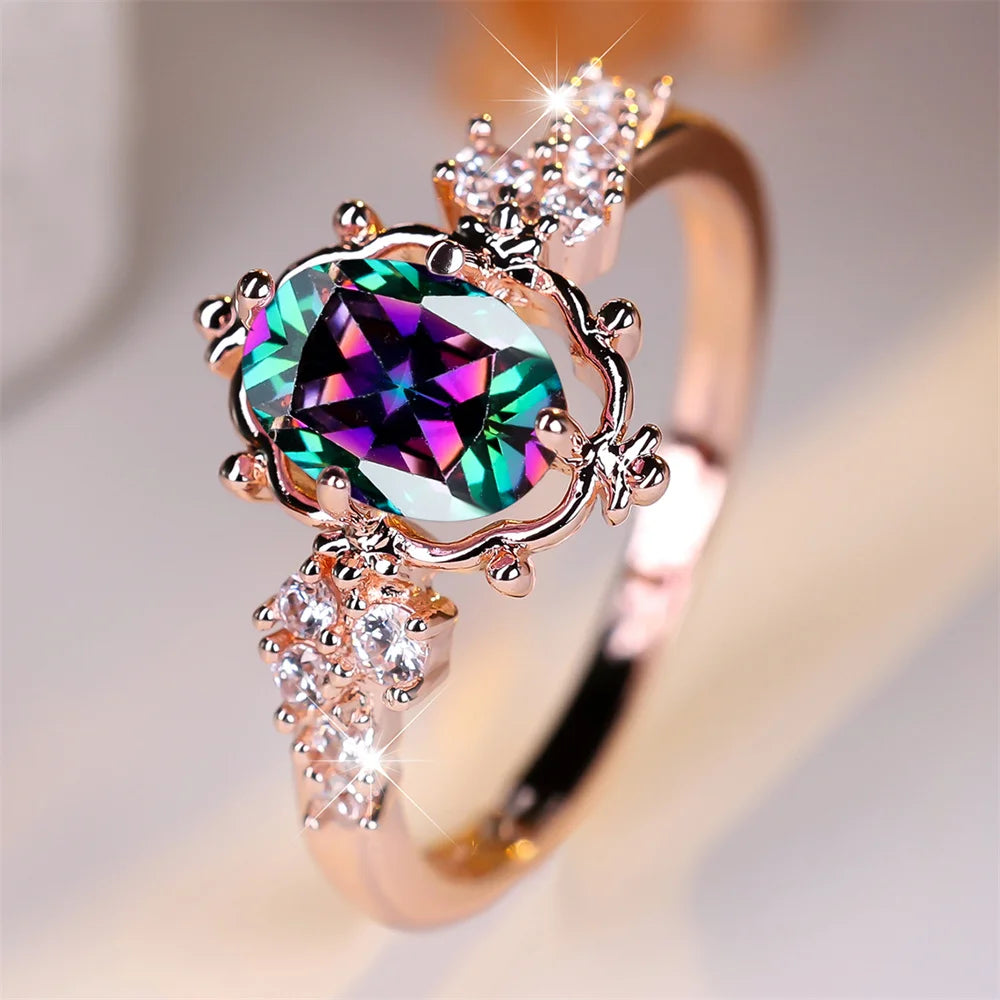 Mystic Rainbow Crystal Oval Stone Flower Rings For Women Trendy Rose Gold Color Wedding Ring Bridal Engagement Band Jewelry Gift