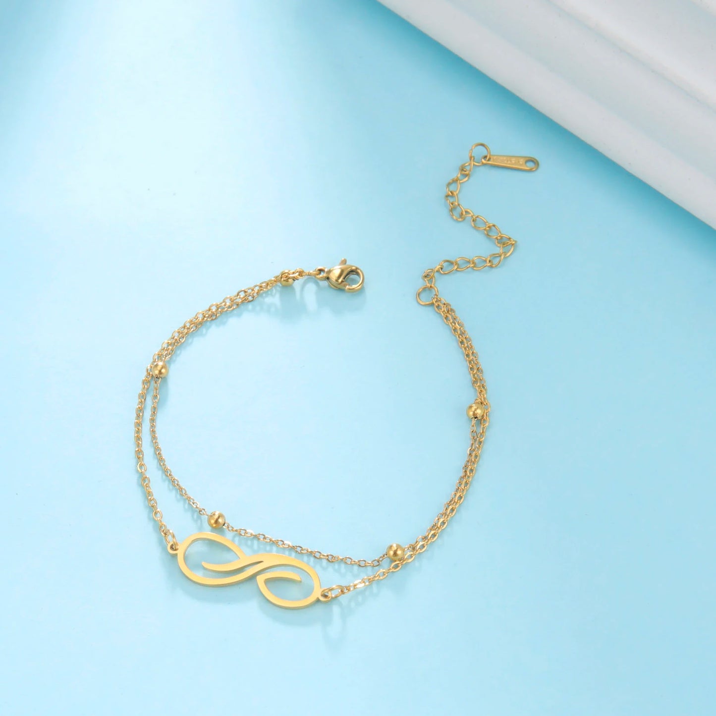 Skyrim Infinity Symbol Bracelet Stainless Steel Women's Minimalist Geometric Symbol Double layer Bead Chain Couple Jewelry Gift