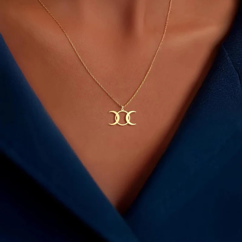 Stainless Steel Triple Moon Goddess Necklace Moon Phases Pendant Necklaces For Women Wicca Jewelry