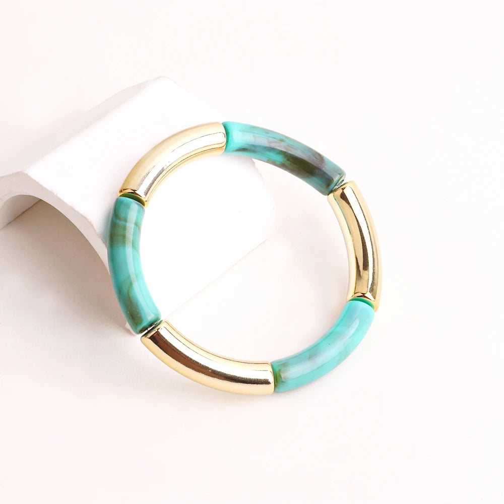 FishSheep Bohemian Colorful Resin Bamboo Stackable Bracelet for Women Trendy Elastic Link Chain Bracelets Bangles Jewelry Gifts