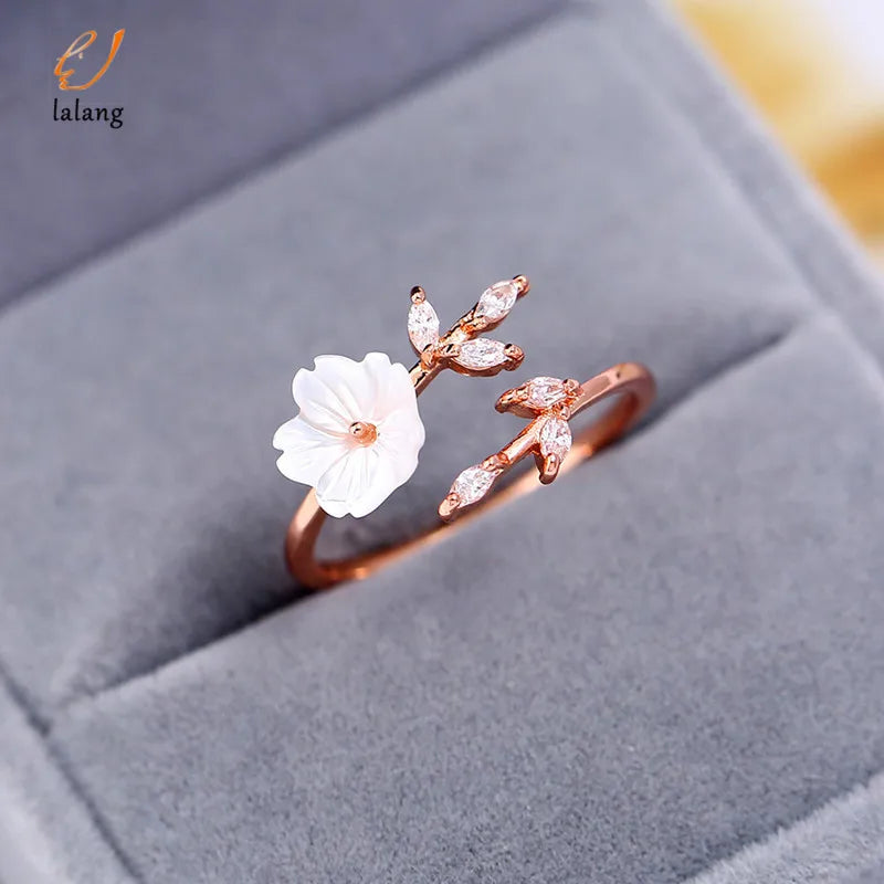 Delicate Zircon Leaf Shell Flower Adjustable Ring For Women Ladies Girls Rose Gold Color Finger Bague Jewellry Gift
